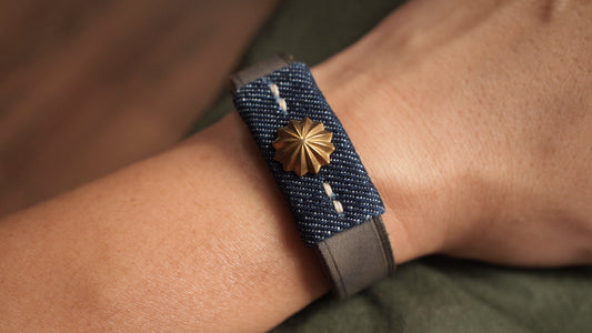 牛仔布菊花扣皮革手帶