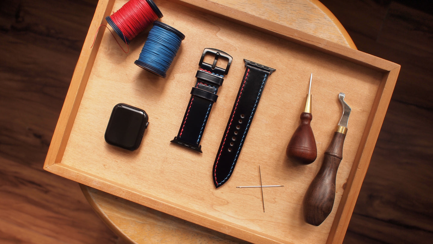 Japanese cordovan leather two-color line strap custom-made for Apple Watch