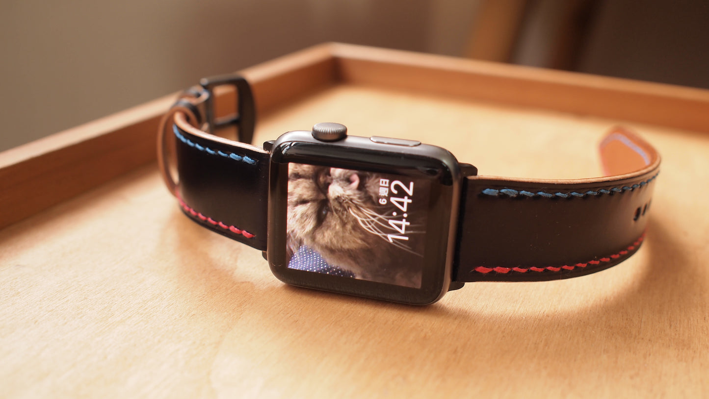 Japanese cordovan leather two-color line strap custom-made for Apple Watch